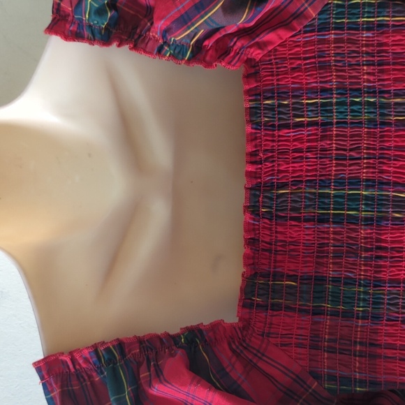 Nicole Miller Red Smocked Tartan Plaid Puff Sleeve Dress S - Picture 8 of 16